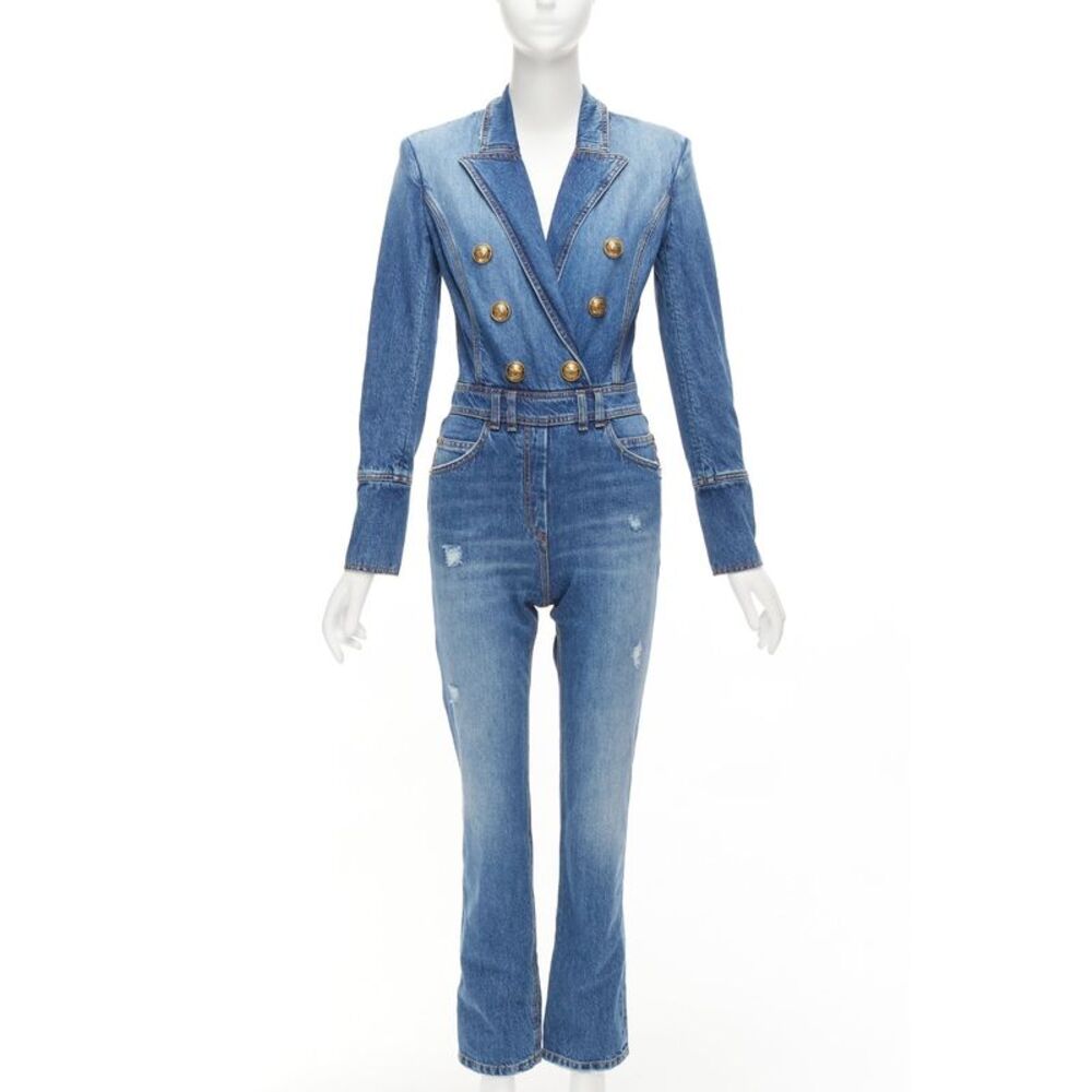Balmain Distressed Denim Jumpsuit